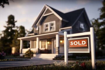 Newly Sold Home with Sign in Yard on a Sunny Day, Real Estate Concept