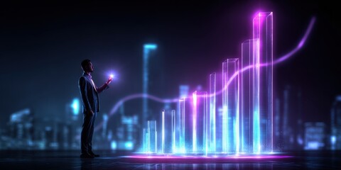 Businessman Analyzing Digital Growth Chart: Financial Success, Investment Strategy, and Technology Integration in Business.