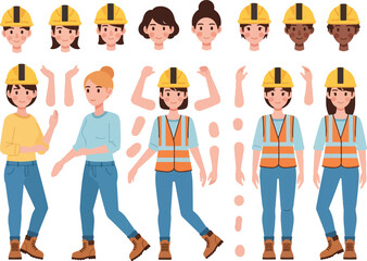 Female constructor character creation kit with various heads, arm poses, and safety gear for animation.