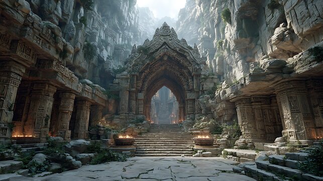 Futuristic AI control panel glowing inside an ancient stone chamber interior