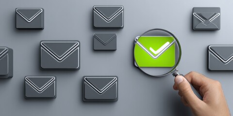Email Verification Concept: Hand Holding Magnifying Glass Inspecting Green Mail Icon with Tick Among Gray Email Icons