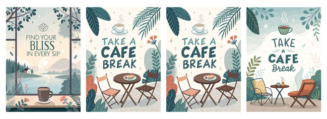 Charming coffee-themed illustrations promoting relaxation and cafe culture, featuring warm colors and inviting designs.