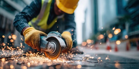 Construction worker wearing safety equipment is using an angle grinder, producing sparks while cutting a metal structure on a city street, with blurred buildings in the background