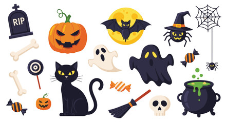 Collection of cartoon Halloween icons and elements