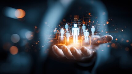 Human Resources Technology Concept: Man Holding Glowing Figures Representing Employees in Digital Space