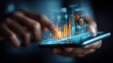 Mobile Technology Financial Analysis: Person Using Smartphone with Augmented Reality Interface for Stock Market Data