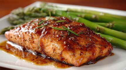 A beautifully cooked salmon fillet is garnished with herbs and served alongside fresh asparagus, creating a healthy and appetizing dish perfect for any meal