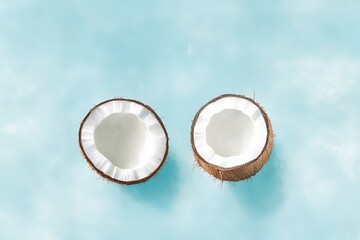 Fototapeta premium Tropical vibes with coconut halves on blue background for creative design
