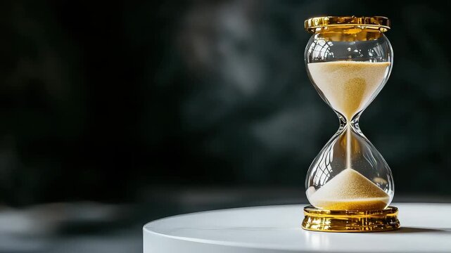Golden hourglass timer with flowing sand on white surface, countdown of time symbolizing patience and urgency in calm glass frame setting