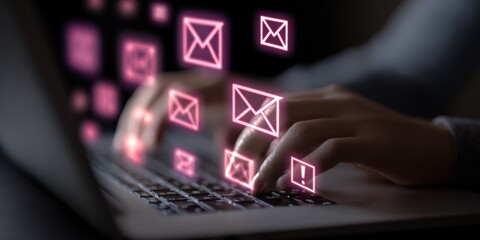 Fototapeta premium Typing on Laptop with Email Icons Overlay, Communication and Digital Messaging Concept, Person Sending Electronic Messages