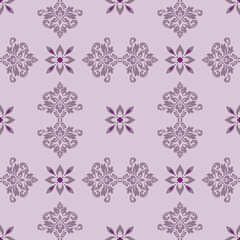 Seamless purple damask pattern with floral motifs on soft lavender background, elegant ornamental design for wallpaper, fabric, and home decor.