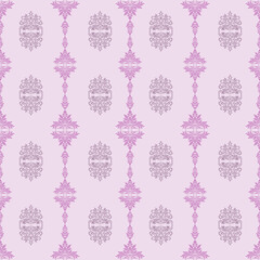 Seamless purple damask pattern with floral motifs on soft lavender background, elegant ornamental design for wallpaper, fabric, and home decor.