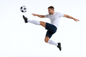 Dynamic Soccer Player in Mid-Air Kick, Isolated on White Background, Showcasing Athleticism and Skill