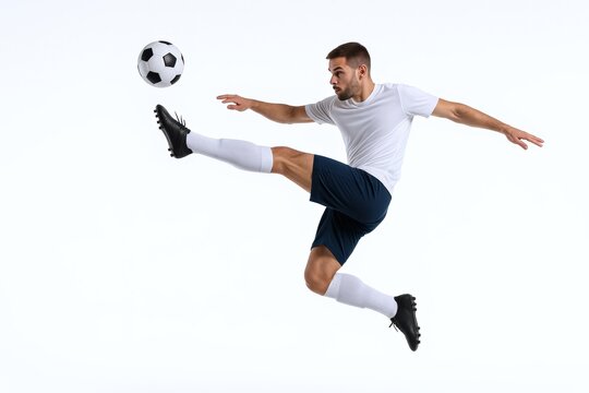 Dynamic Soccer Player in Mid-Air Kick, Isolated on White Background, Showcasing Athleticism and Skill