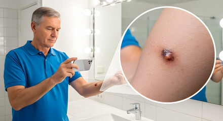 Man taking a photo of a skin lesion on his arm in the bathroom, Mature man using a phone to take a picture of a mole on his arm