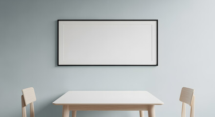 Single horizontal black frame mockup on a light pastel grey wall in a sparse, minimalist dining area. Clean, crisp studio lighting. Angled view.