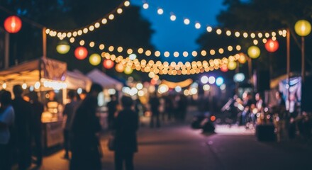 Fototapeta premium Defocused background of a festive summer night festival with colorful bokeh lights and paper lanterns.