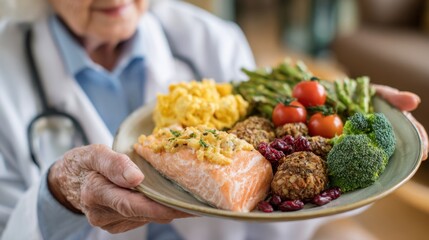 Caregiver presents a colorful plate of nutritious foods including salmon, scrambled eggs, vegetables, and grains to promote healthy eating for seniors at home