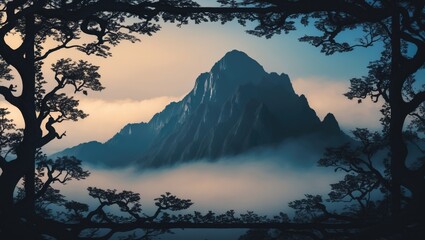 Mountain landscape at dawn with mist and trees framing the scene. Nature and wilderness view. Mountain and fog concept. The scene of natural beauty and tranquility.