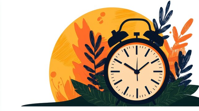 Vintage Alarm Clock with Golden Moon and Stylized Foliage Illustration