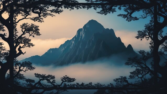 Mountain landscape at dawn with mist and trees framing the scene. Nature and wilderness view. Mountain and fog concept. The scene of natural beauty and tranquility.