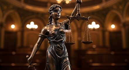 Scales of justice and the statue of lady Justice in front of an office or court room, symbolizing law protection and legal.