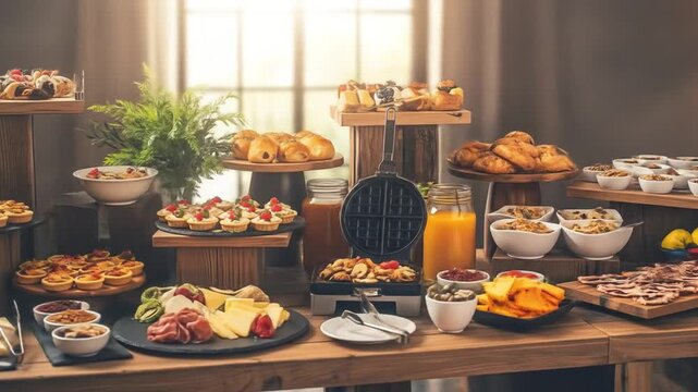 Delicious Breakfast Buffet Spread with Pastries and Fruits