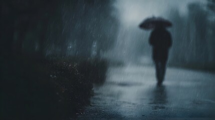 Obraz premium Solitary figure walking in the heavy rain under an umbrella