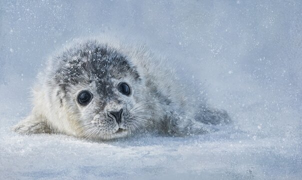 UROCZE SZCZENIĘ FOKI W ŚNIEGU - AKWARELA