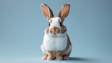 Obraz premium A cute rabbit with large ears and brown and white fur on a plain blue background.