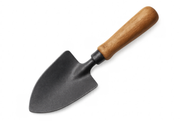 Gardening trowel with wooden handle on transparent background