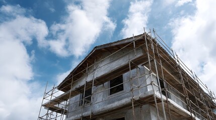 House under construction with scaffolding  daylight lighting and sharp focus