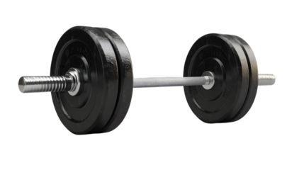 Isolated dumbbell with black plates and silver bar for strength training on black background