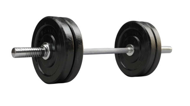 Isolated dumbbell with black plates and silver bar for strength training on black background