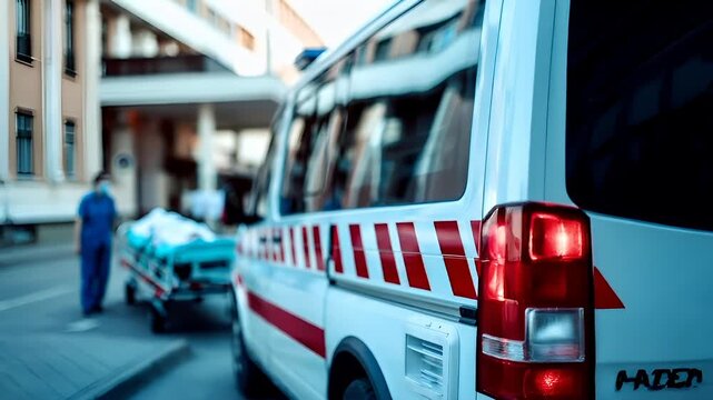 A closeup shot of an ambulances rear view, showcasing its white body with red and white stripes. The ambulances lights are on, illuminating the side of the vehicle. The background is blurred.