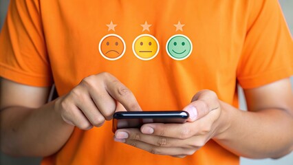 Person using smartphone with customer satisfaction feedback emojis on orange t shirt