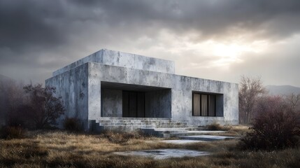 Unfinished concrete structure in a desolate landscape under an overcast sky