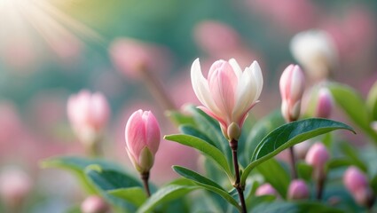 Fototapeta premium Pink flower buds and green leaves with sunlight shining through, background blurred.