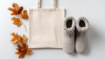 Beige tote bag, autumn leaves, and slippers