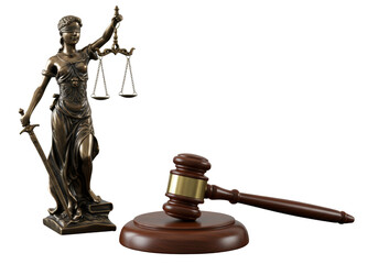 Bronze lady justice with scales, sword, and wooden gavel on dark surface, white backdrop, copy space, soft light, concept of legal authority and trust