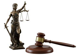 Bronze lady justice with scales, sword, and wooden gavel on dark surface, white backdrop, copy space, soft light, concept of legal authority and trust