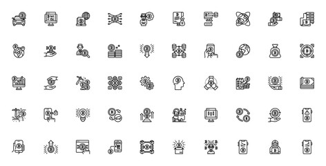 Bitcoin icon set. Crypto vector collection. Includes symbols for payment, mining, investment, blockchain, ledger, currency exchange, analytics, and more. Editable thin line design.