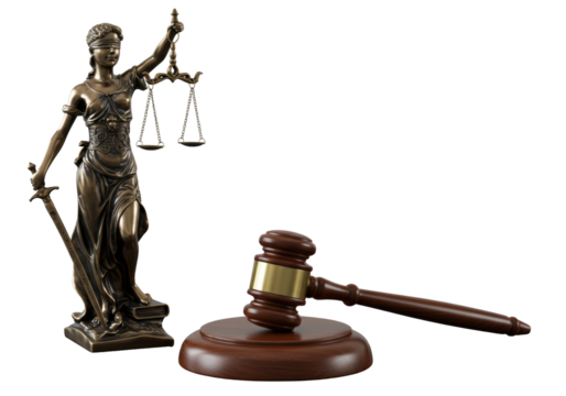 Bronze lady justice with scales, sword, and wooden gavel on dark surface, white backdrop, copy space, soft light, concept of legal authority and trust