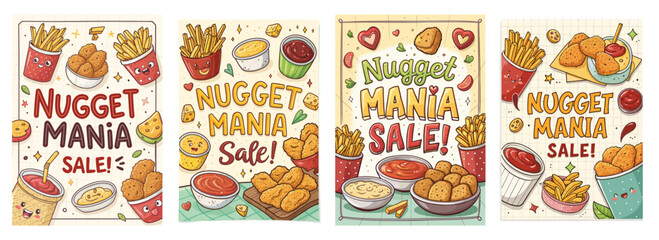 Colorful and playful illustrations promoting a Nugget Mania Sale with delicious food items.