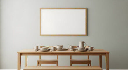 Horizontal oak frame on a muted pastel greige wall in a Japandi dining room. Calm, minimalist studio lighting with ceramic dinnerware. Front view.