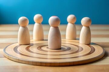 Wooden figures on target representing leadership, teamwork, and strategic planning