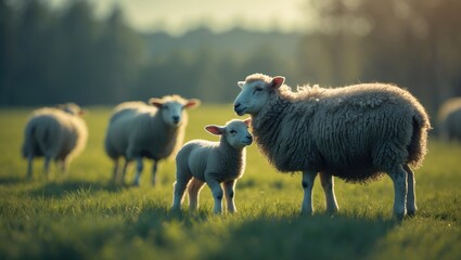 Obraz premium A flock of sheep grazing on a lush green field during sunset with a focus on a mother sheep and her lamb.
