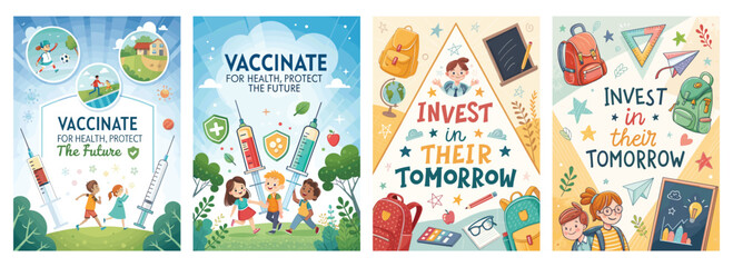 Colorful educational posters promoting vaccination and future investment for children.