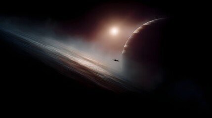 Space probe flying past a gas giant planet