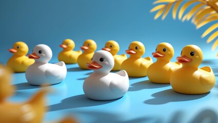 Group of yellow and white rubber ducks on a blue surface with a blue sky background and yellow palm leaves